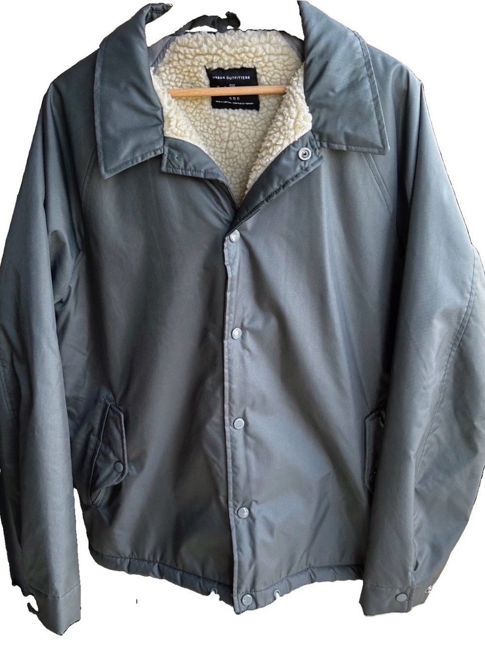 URBAN OUTFITTERS Sherpa Lined Coach Jacket Green Gray Nylon Shell Medium Coat
